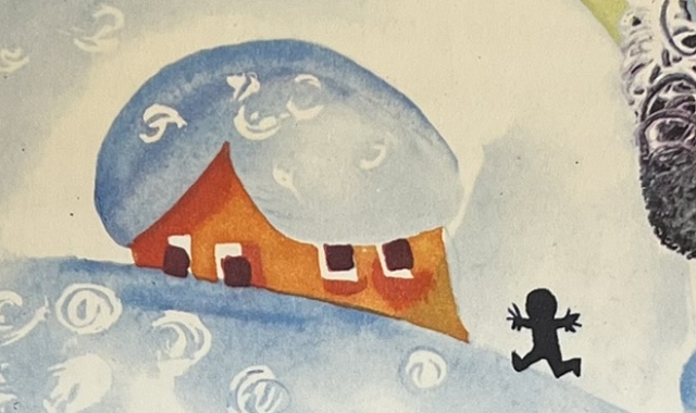 『POHÁDKY NA DOBROU NOC』の絵本のページです。屋根に雪が積もった家が描かれています。