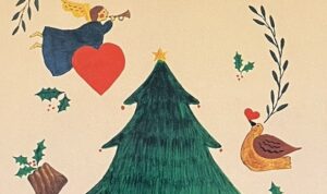 『クリスマスソングブック』の絵本の表紙です。もみの木やクリスマスにまつわるものが描かれています。