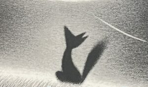 『雪わたり』の絵本の表紙の絵です。雪の上で狐が空を見上げている絵が描かれています。